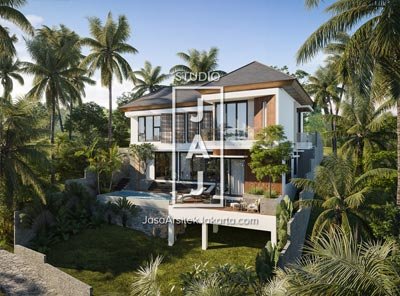 Desain Villa 2 Lantai 232 m2 Style Modern Tropis Bapak Sutrisno di Gunung Geulis, Bogor